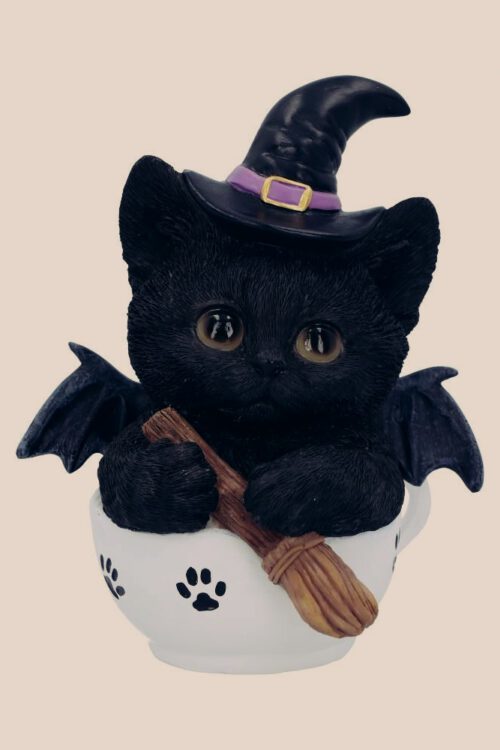 Katė su Šluota Arbatos Puodelyje Black Cute Witch Cat